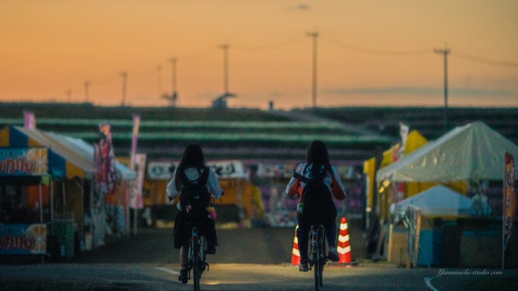 コスモス畑の道を帰宅する自転車の高校生